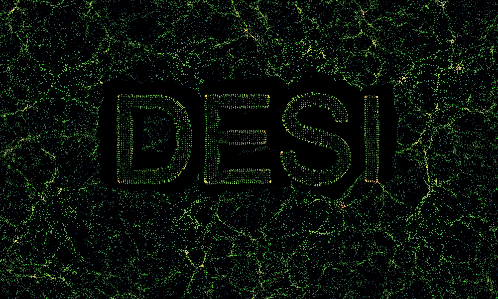 The DESI acronym written into the simulated cosmic web, the preview image for the guest blog post.